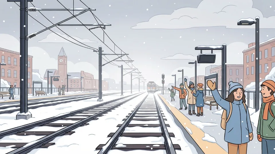 Commuter rail tracks covered in snow with winter storm conditions visible