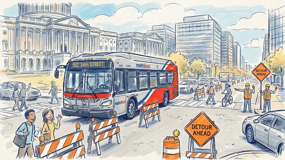WMATA Metrobus on detour route in downtown Washington DC with construction barriers visible