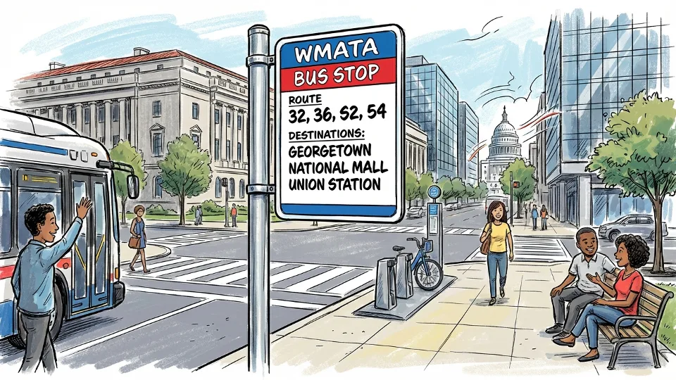 WMATA bus stop sign showing route information with downtown DC buildings in background