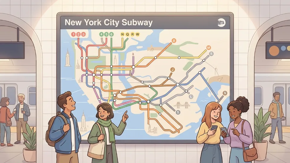 NYC subway map display showing multiple train lines and connections