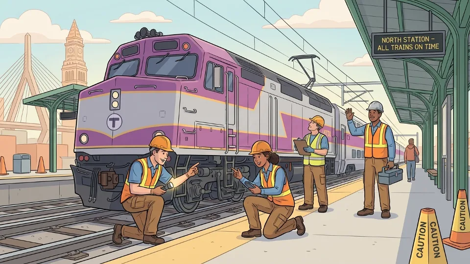 Commuter rail maintenance crew inspecting train mechanical systems at station
