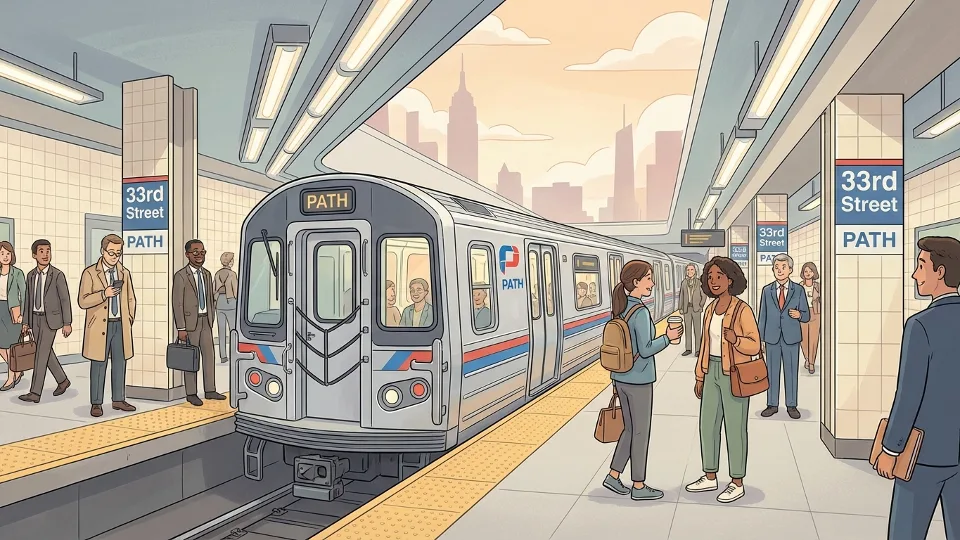 PATH train at 33rd Street station platform in Manhattan with commuters waiting