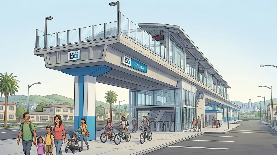 Colma BART Station exterior showing entrance and station architecture