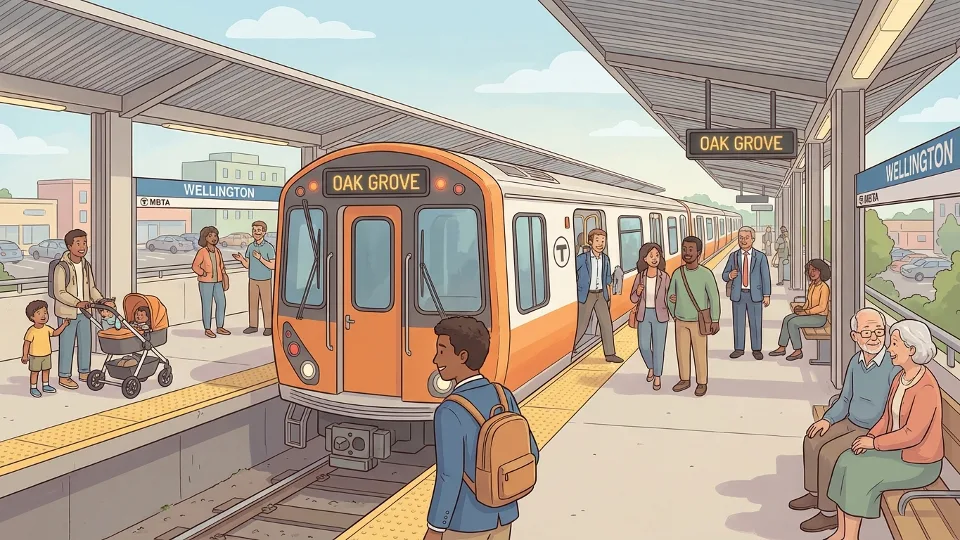 MBTA Orange Line train stopped at Wellington station platform with passengers waiting