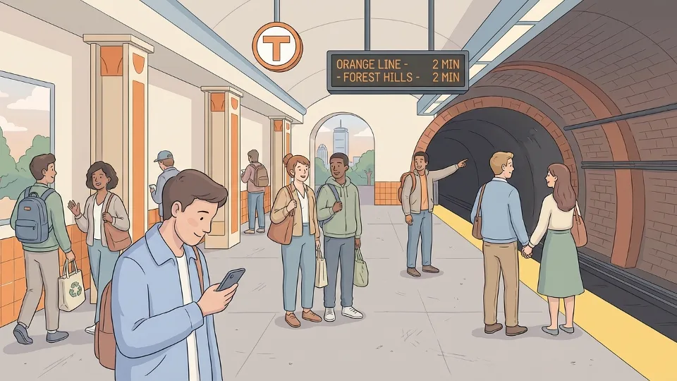 Orange Line platform with commuters checking phones and looking down tracks