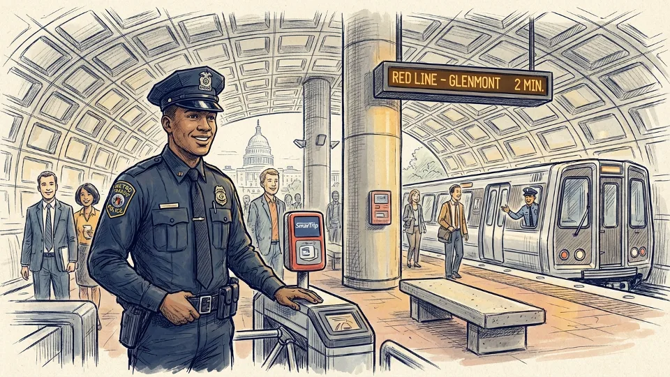 Metro Transit Police officer at subway station platform monitoring fare compliance and rider safety
