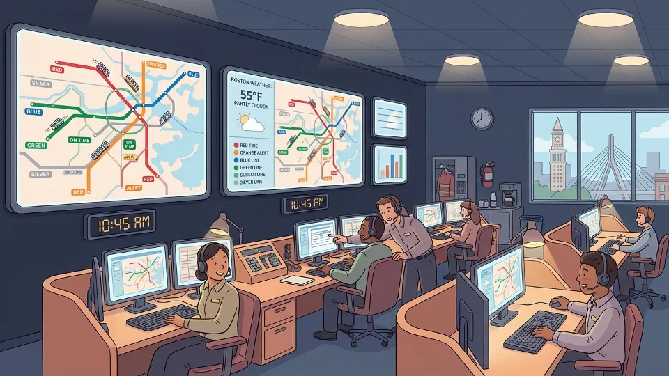 Boston transit control center with monitors showing system status and weather conditions