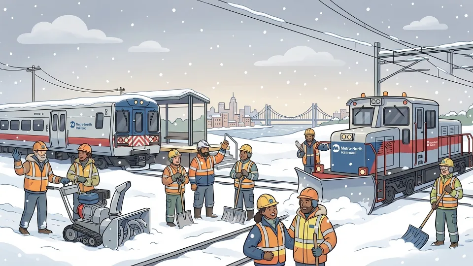 Metro-North Railroad maintenance workers clearing snow from train tracks with equipment during winter storm