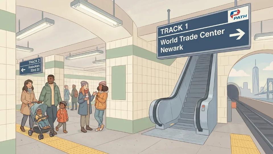 PATH station platform signage showing track and platform numbers with directional arrows
