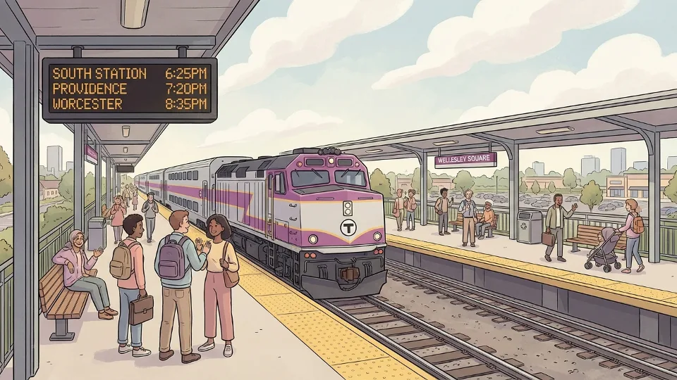 MBTA commuter rail train at suburban station with schedule board visible