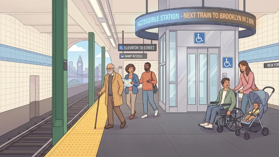 Accessible subway station platform with tactile warning strips and elevator access in New York City