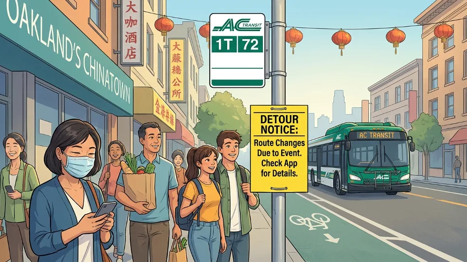 Bus stop sign in Oakland Chinatown with detour notice posted