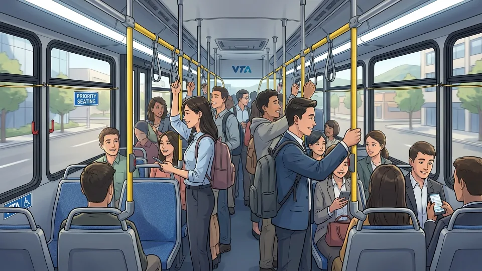 Crowded VTA bus interior with passengers standing and holding handrails during peak service
