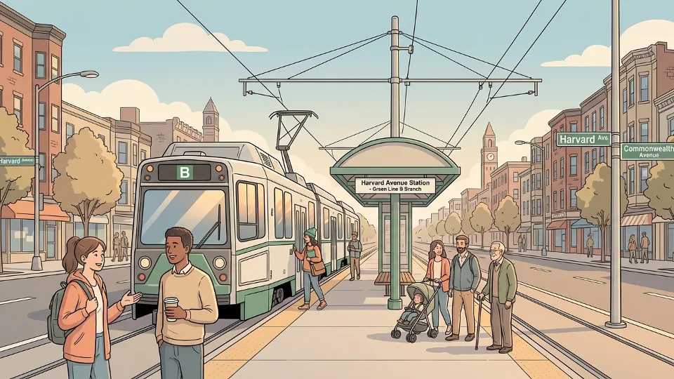 Green Line B Branch train on surface tracks in Boston with Harvard Avenue station area visible