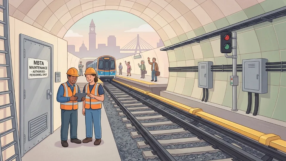 MBTA signal equipment and track infrastructure at Boston subway station showing maintenance access point