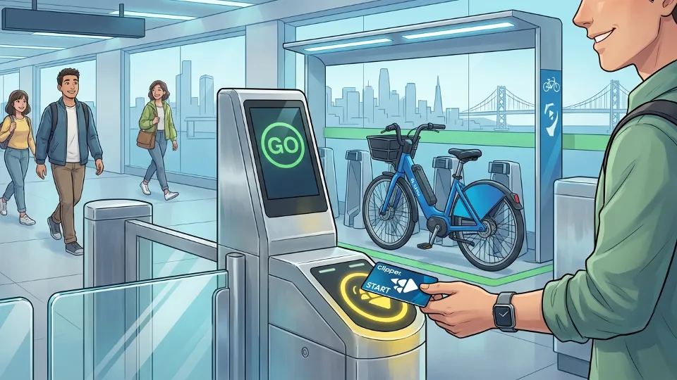 Clipper START card being tapped at fare gate with e-bike visible in station background, showing integration of discount fare program with bike lending service