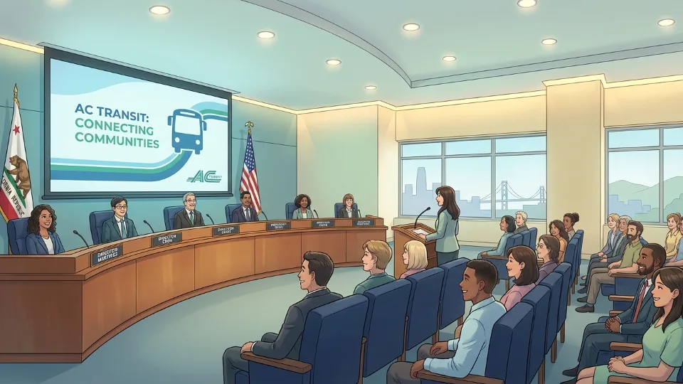 AC Transit Board of Directors meeting room with presentation screen and public seating area