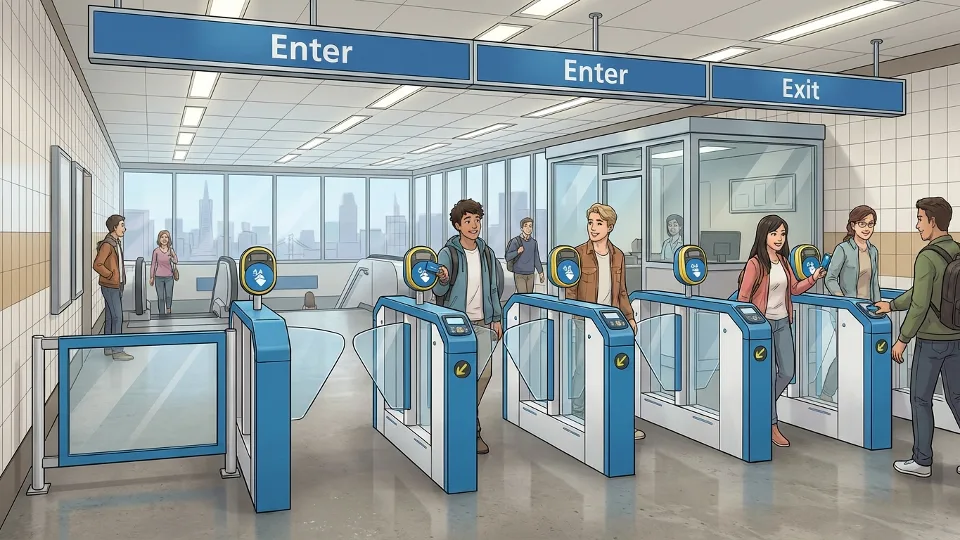 BART fare gates at busy station entrance with riders entering system
