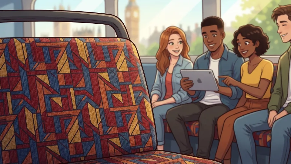 Close-up view of vintage moquette fabric pattern on London bus seat showing geometric design and color scheme