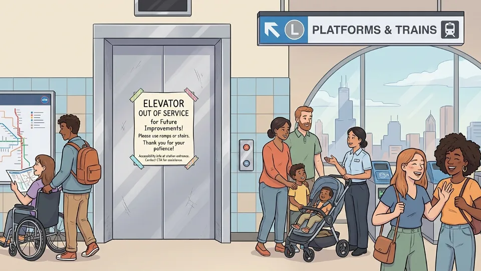 Out of service sign on elevator doors at CTA train station