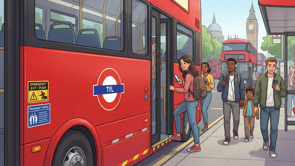 Close-up of Transport for London bus with TfL logo and safety signage visible