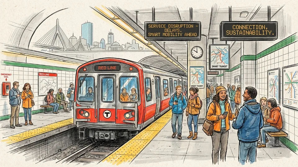 MBTA Red Line train at platform with passengers waiting during service disruption
