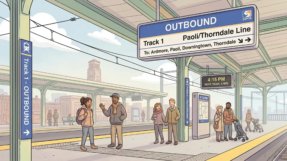 Train platform signage and directional signs at Philadelphia commuter rail station showing outbound track designation