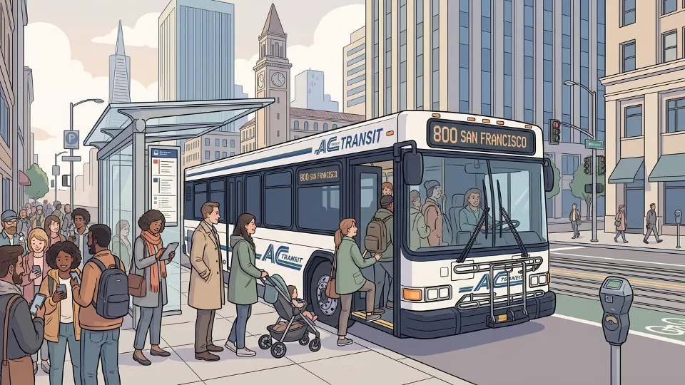 AC Transit bus at downtown San Francisco stop with crowded boarding area