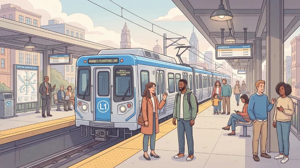 Philadelphia L1 line train at station platform with waiting passengers