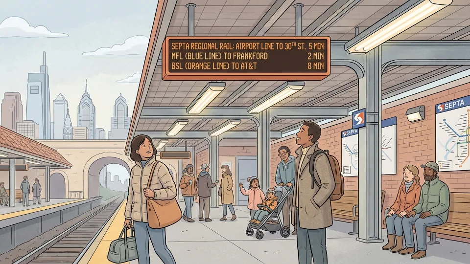 Philadelphia transit passengers checking schedules on platform display board