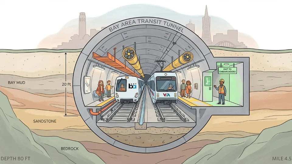 Bay Area transit tunnel cross-section showing underground infrastructure and engineering systems supporting BART and VTA operations