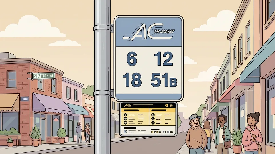 Close-up of AC Transit bus stop sign on Shattuck Avenue with route numbers and schedule information visible