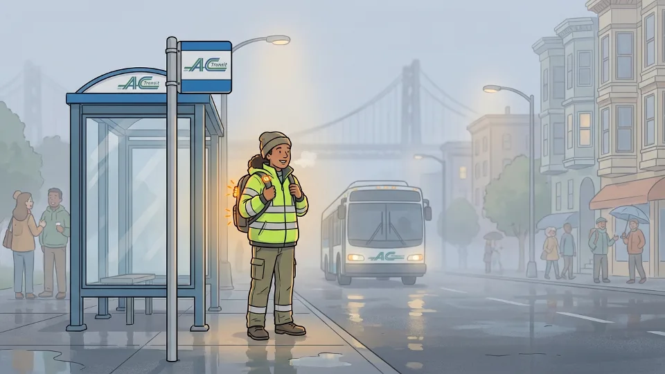 Pedestrian in reflective clothing waiting at AC Transit bus stop during foggy morning conditions with safety lights visible