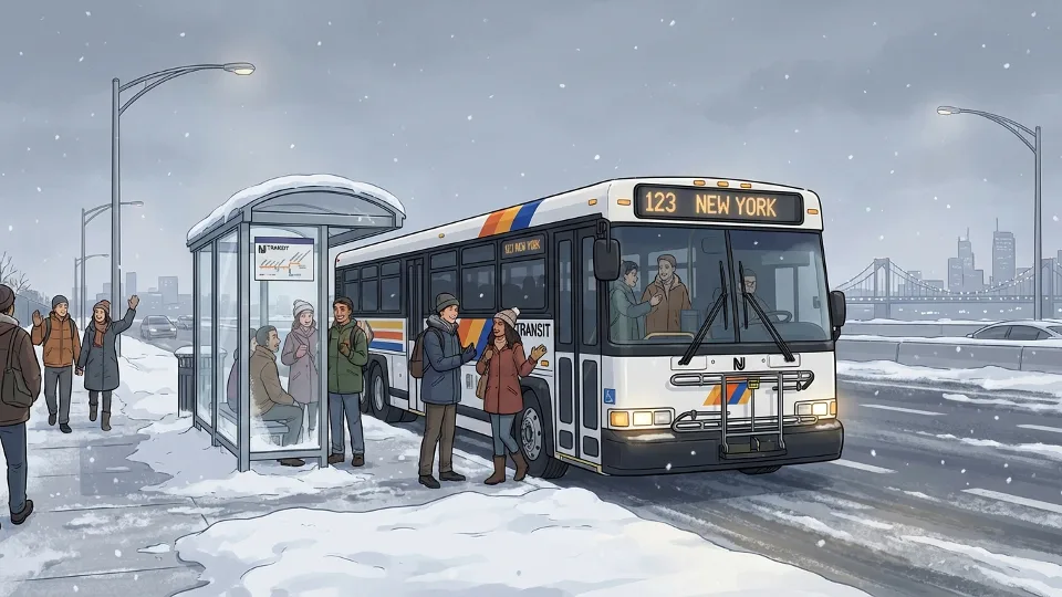 NJ Transit bus stopped at snow-covered bus shelter along highway route during winter weather
