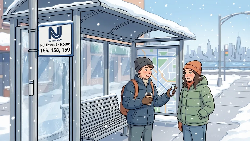 Close-up of snow-covered bus stop bench and shelter with NJ Transit route sign visible