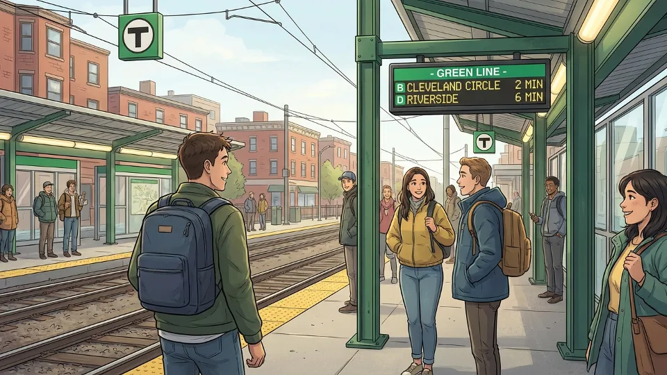 MBTA Green Line station platform showing digital arrival board and waiting passengers