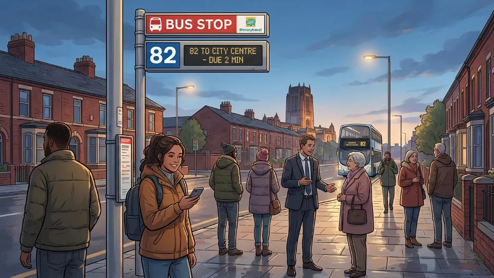 Liverpool bus stop sign showing route 82 with passengers waiting during evening commute