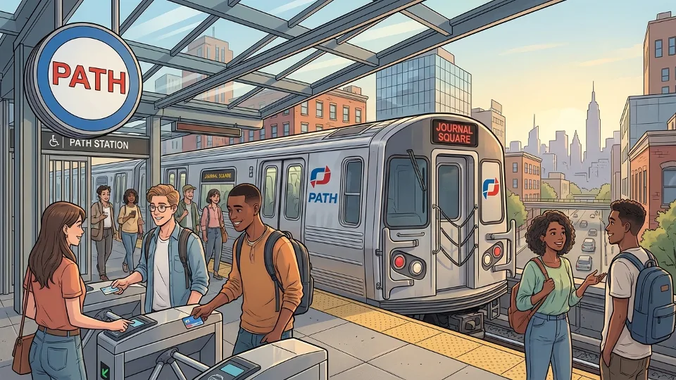 PATH train exterior showing route signage at New Jersey station entrance