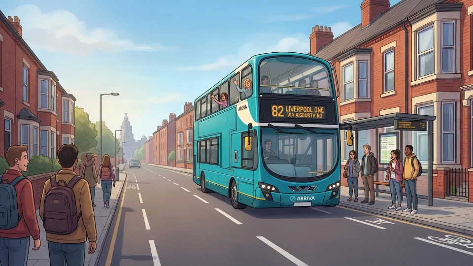 Liverpool bus on urban street with residential buildings in background, daytime lighting