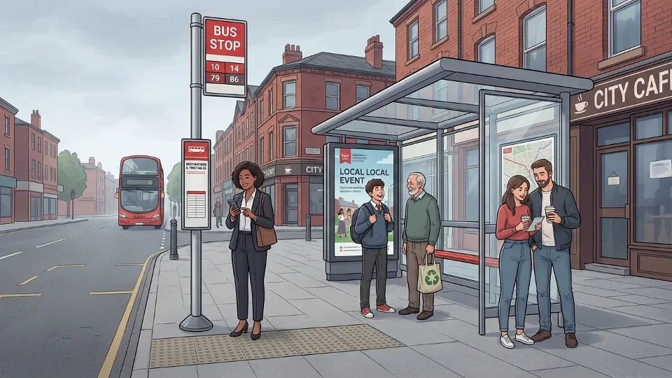 Bus stop sign with route information and passengers waiting, urban Liverpool setting