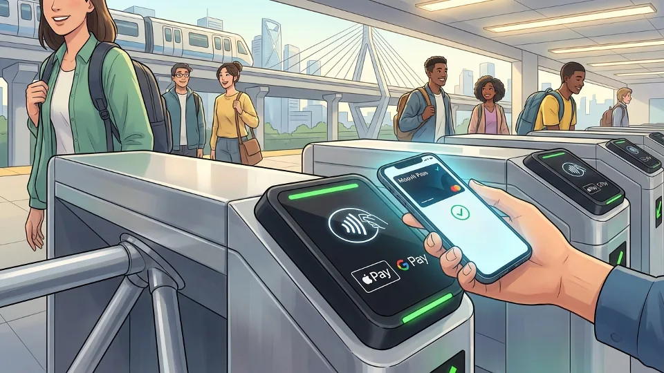 Close-up of contactless payment reader at train station gate with smartphone tapping to pay
