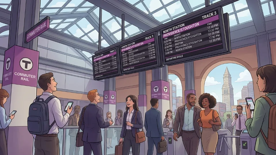 MBTA Commuter Rail passengers checking departure boards at station