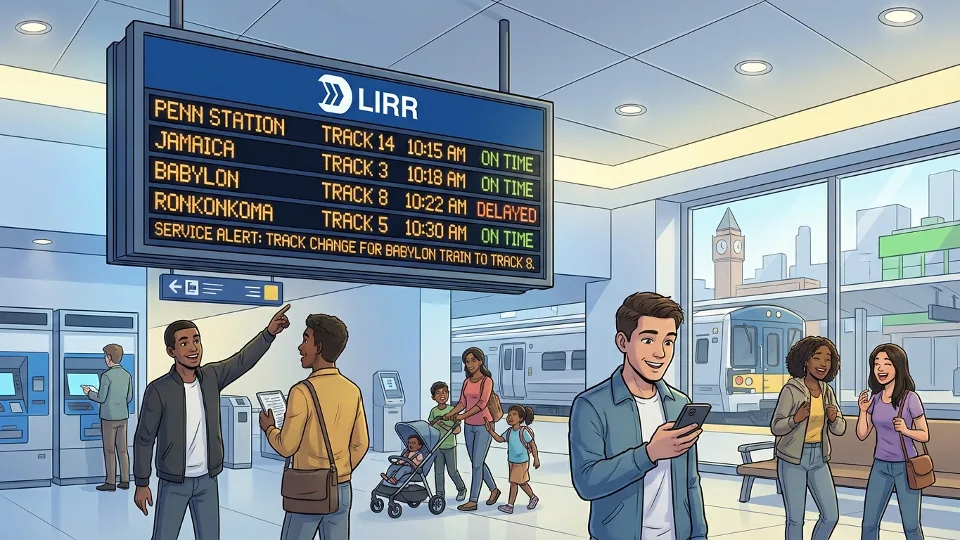 LIRR station information board displaying service updates and schedule changes