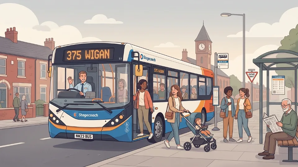 375 bus on route in North West England showing destination sign, captured from front angle on typical service day