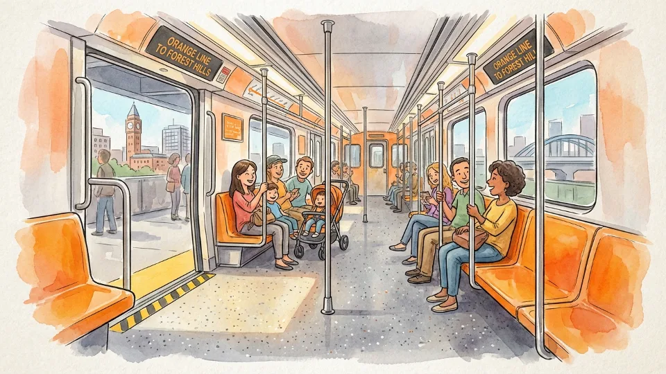 Interior view of MBTA Orange Line train car with open doors at station