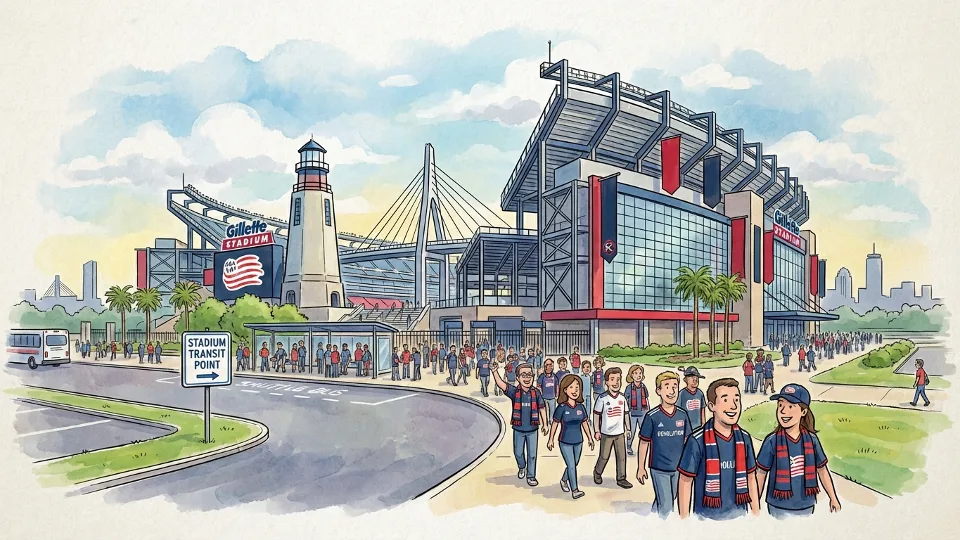 Gillette Stadium exterior with transit access point and crowd of soccer fans arriving
