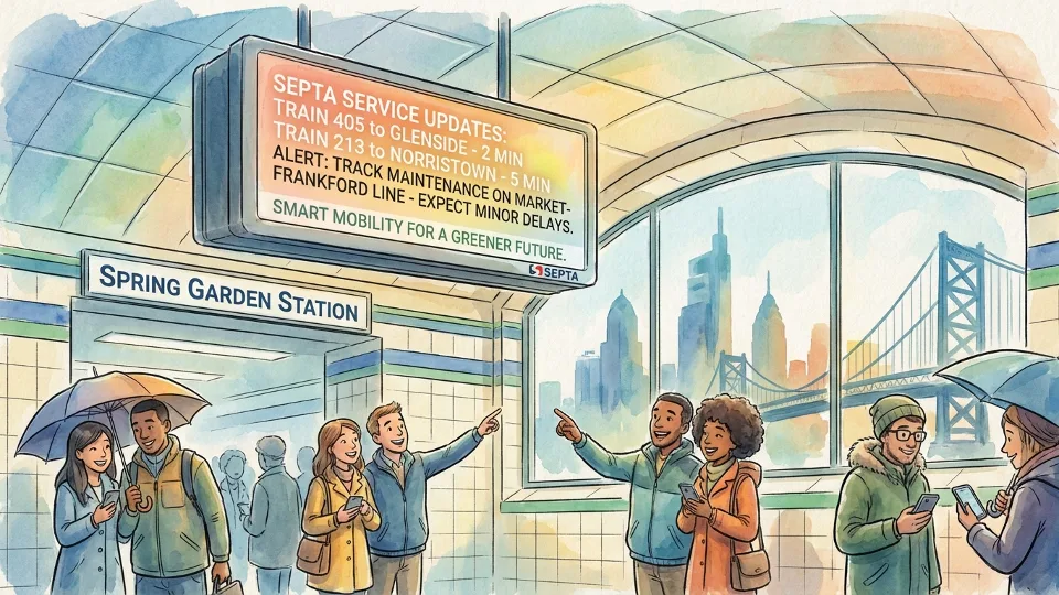 Transit information board at Spring Garden Station displaying service status and delay information for commuters