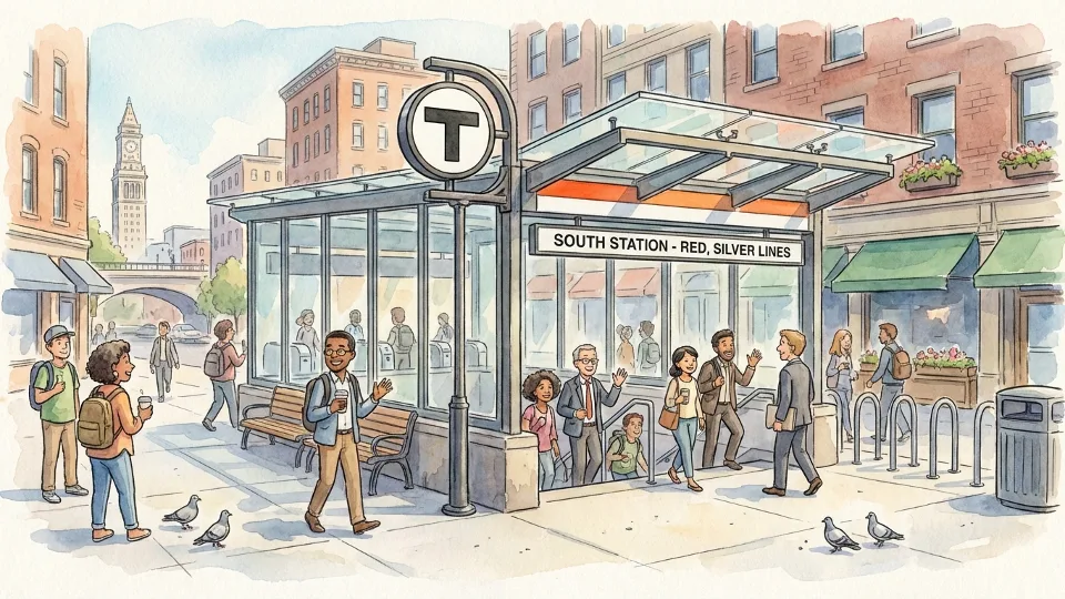 Boston transit station entrance with passengers entering during daytime hours