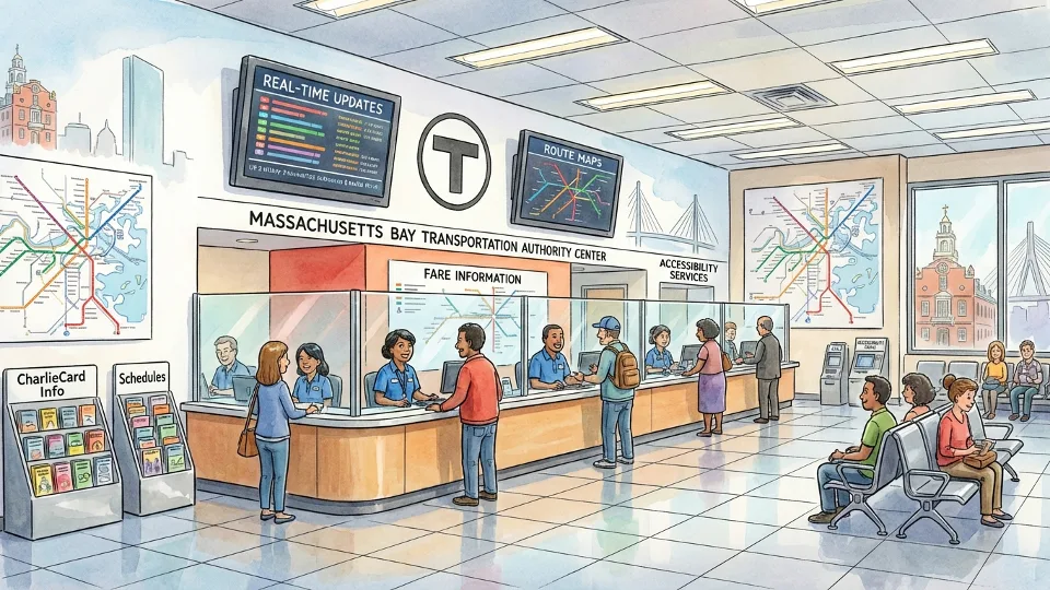 Boston transit passenger information center interior with service counter and informational displays