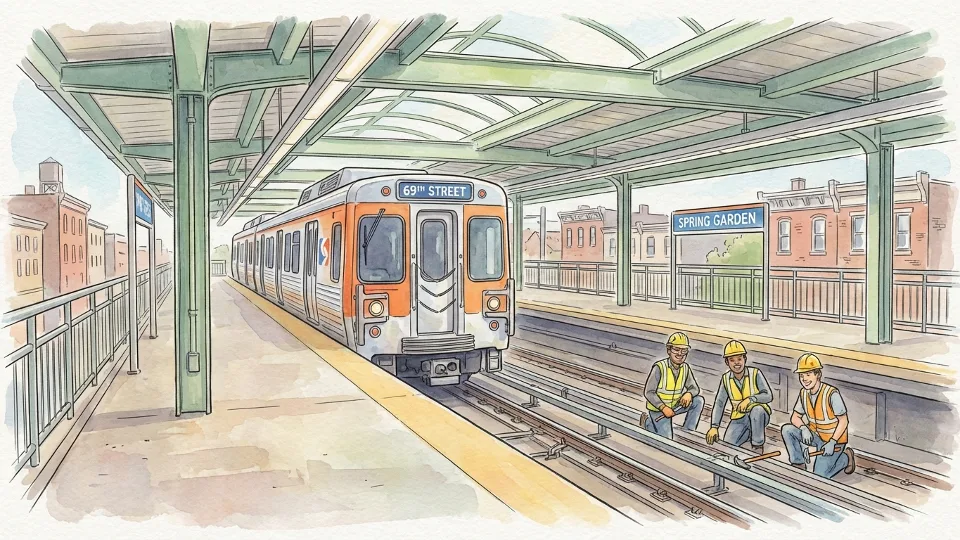Philadelphia L1 train at Spring Garden Station platform with maintenance crew visible